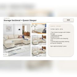 Sectional Sofa Queen Sleeper Storage 110W X 56D X 35H - Like New – Frisco, TX
