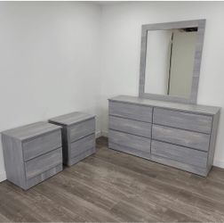 DRESSER WITH MIRROR AND TWO NIGHTSTANDS