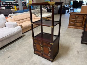 Dark Finished Korean 3 Tier Etagere Bookcase with Brass and Burl Wood Door Front Cabinet