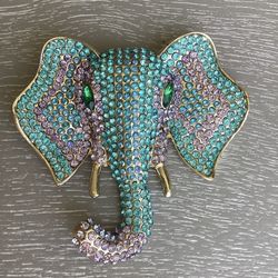 Beautiful New Golden Accented Elephant Brooch W/ Light Blue, Pink, And Green Stones $10