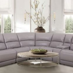 Brand New Grey Leather Power Reclining Sectional Sofa
