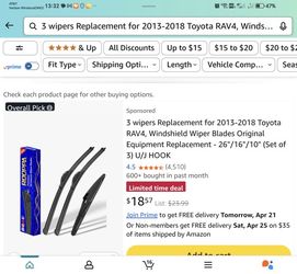 3 wipers Replacement for 2013-2018 Toyota RAV4, Windshield Wiper Blades Original Equipment Replacement - 26"/16"/10" (Set of 3) U/J HOOK