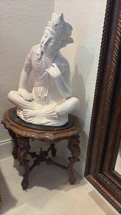 27” H X 21” W Italian Asian Lady White Ceramic Buddha Thai Goddess Deity. Zen Floor Altar Garden Table Statue. Quan Yin MCM Antique Signed Italy!