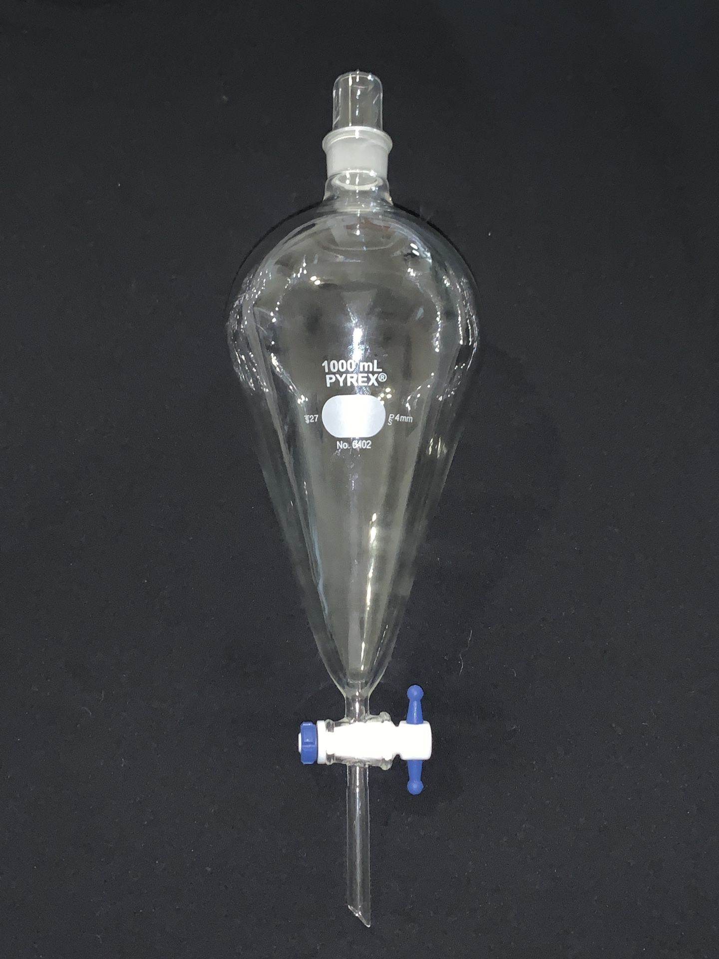 Pyrex Separatory Funnel, Squibb, Pear Shaped #27 Stopper, 1000mL, 6402-1000