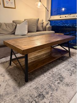 Rustic Industrial Coffee Table with Storage Shelf – Solid Wood & Metal