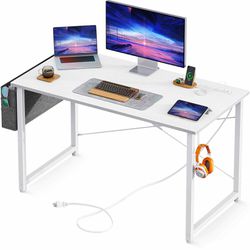 AODK 40 inch Small Computer Desk with Power Outlet for Small Spaces Home Office Student Laptop PC Writing Desks with Storage Bag Headphone Hook, White