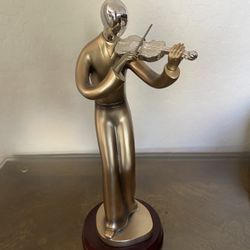 Violin Playing Man Bronze And Silver Decorative Art. Wood Base