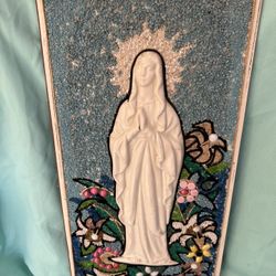 RARE Vintage Mid Century Gravel Wall Art Of the Virgin Mary