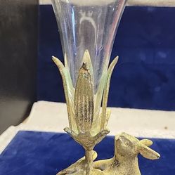 Vintage Cast Metal Brass/Bronze Bunny Rabbit/Leaf Candle Holder/Vase 7 1/2"