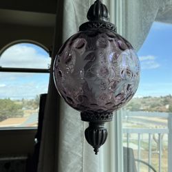 Rare Vintage Hanging Swag Lamp, Hand Painted Rose Glass