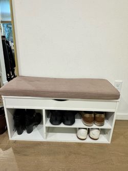 $30 White Shoe Bench with Padded Cushion, Storage Space, 2-Tier Shoe Rack Organizer