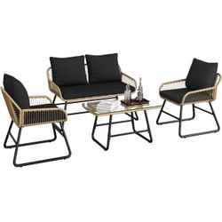 4 Piece Patio Furniture Set, Outdoor Wicker Conversation Sets, Boho Loveseat & 2 Armchairs with Cushion and Pillow, Glass Top Table for Backyard, Porc