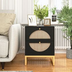 Rattan Nightstand, Black Boho Night Stand, Modern Bedside Table with 2 Storage Drawers, Small Gold Frame End Side Table 