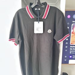 NWTMens Moncler Polo Shirt black and Red Stripe Trim Short Sleeve Sz M
