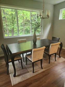 Dark Wood Dining Table Set with 6 Upholstered Chairs