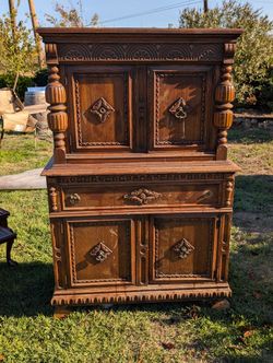 Vintage Hand-Carved Solid Wood Cabinet Ornate Gothic Revival Hutch (NEEDS WORK!)