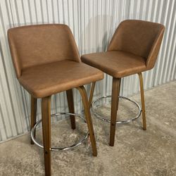 Toriano Stools – Set of 2 (Walnut + Camel Faux Leather) – Available in 24.25”, 26.25”, & 30.35” ✨