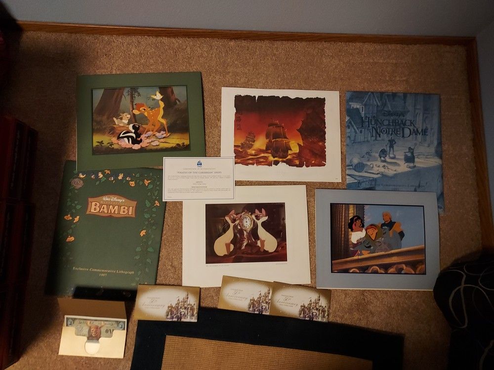 Disney Unframed Lot Of 4 Lithographs & Disney Money