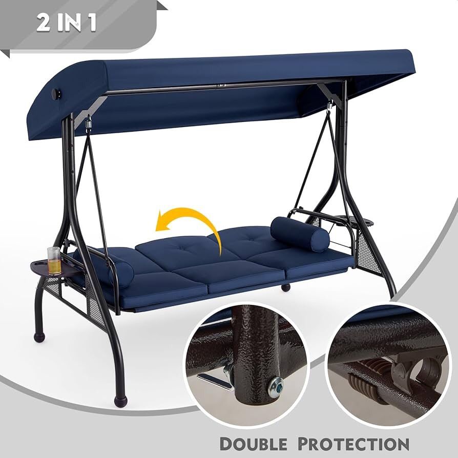 3 Seat Outdoor Porch Swing with Adjustable Canopy, Convertible Patio Swing Bed with Stand, Patio Glider Swing with Upgraded Cup Holder, Thicken Cushio