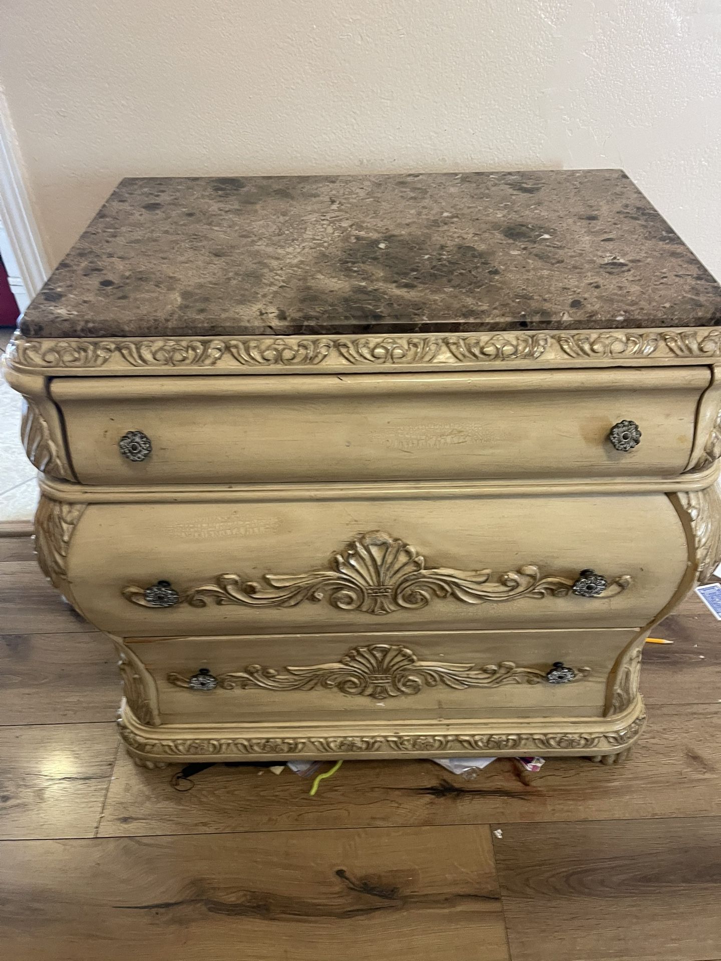 Marble Top Mirror Dresser and one Marble Top Nightstand with Drawer, Used Good Condition