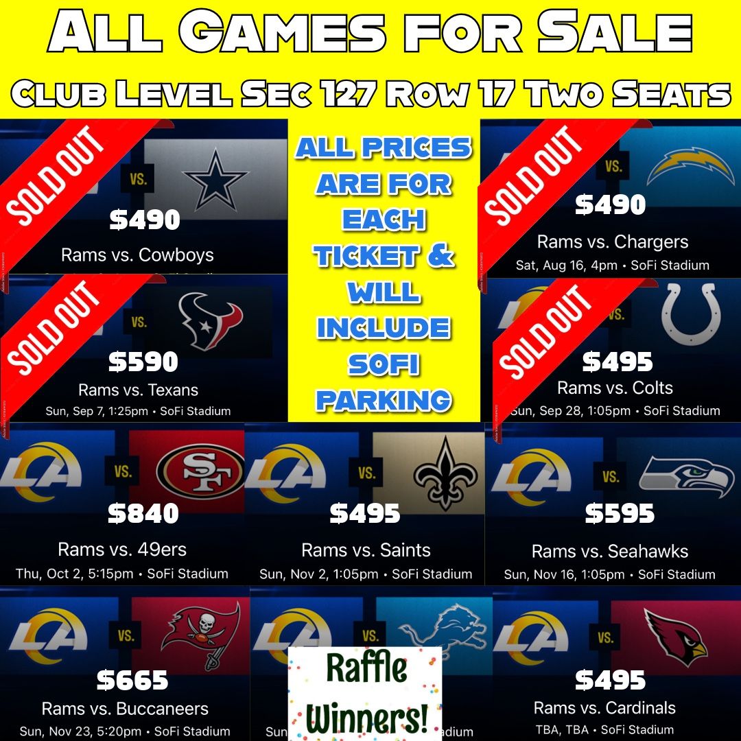 Rams & Chargers Tickets. LOWER BOWL 100s Club Level with Orange Parking Pass