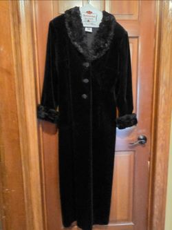 Vintage 90s JS Collections Black Cotton Velvet Maxi Duster Opera Coat Faux Fur XL