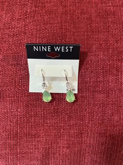 Nine West Green And White Stone Earrings In Silver Setting.