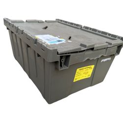 The image shows a Quantum Storage Systems QDC2115-9 Attached Lid Container Heavy Duty Plasti. Grey Tote 