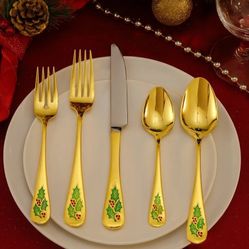 Holly Berry Gold-Plated Stainless Steel Japan Flatware 65 Piece Set New  It’s For 12 Servings 