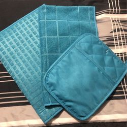 3pcs Teal Color Hand Towel, Drying Mat And Pot Holder