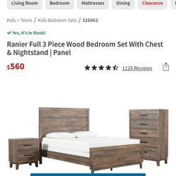 Ranier Full 3 Piece Wood Bedroom Set With Chest & Nightstand | Panel