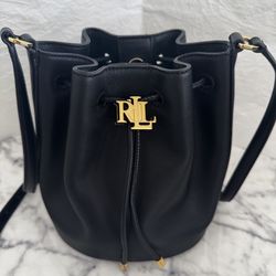 Ralph Lauren Black Leather Bucket Bag with Gold RLL Logo