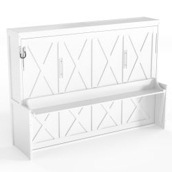 Queen Size Murphy Bed with a desk, USB Charging Station,LED Lights,White