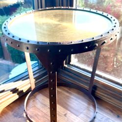 Industrial Riveted Metal & Antique Brass End Table | Restoration Hardware Style