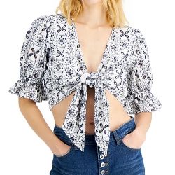 INC embroidered Cotton Black & White eyelet Large tie-up TOP BLOUSE. NWT!