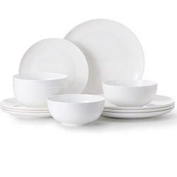  NEW KINGSTONE Bone China Dinnerware Sets, 12-Piece Dinnerware Set for 4, Lightweight Durable, Dishwasher Safe, Tableware for Daily Use with Elegant D
