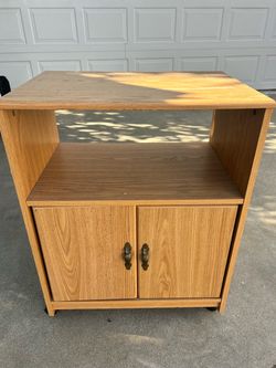 Microwave Cart with Cabinet Storage – Oak Finish, on Wheels