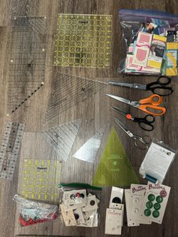 Lot Of Sewing Grids, Vintage Scissors And Buttons