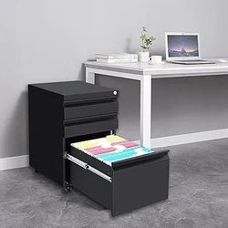3-Drawer File Cabinet with Lock, Metal Under Desk File Cabinet for Legal/Letter/A4 File, Fully Assembled, Includes Wheels, Home and Office Design (Bla