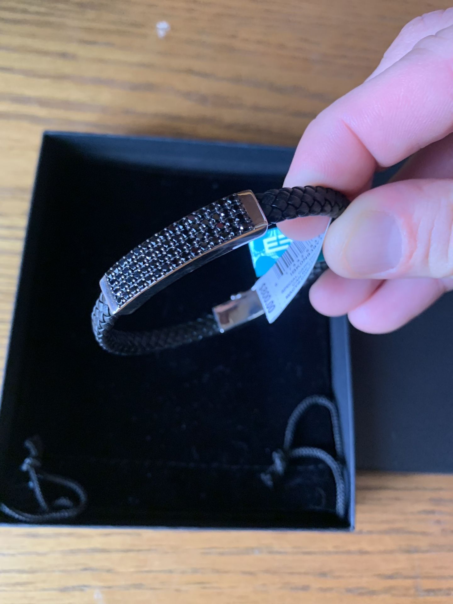 Mens Leather Stainless And Spinel Bracelet