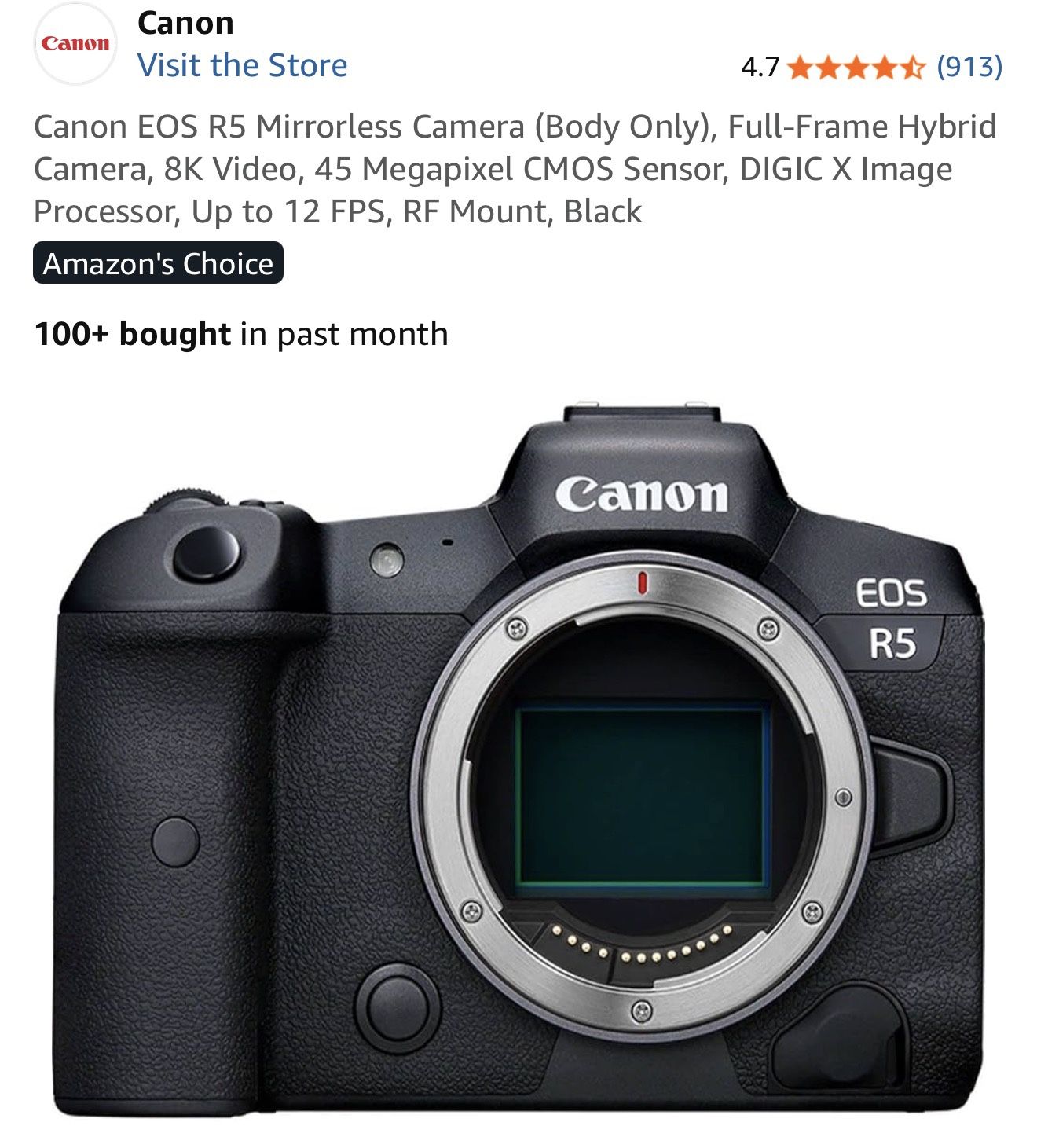 Canon EOS R5 Mirrorless Camera (Body Only), Full-Frame Hybrid Camera, 8K Video, 45 Megapixel