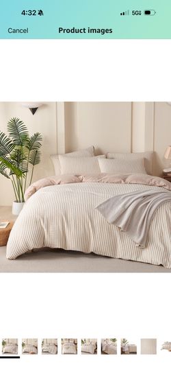 King Comforter Set Striped Beige 100% Soft Washed Microfiber Jacquard 3 Pieces King Striped Bedding Sets Beige White Comforter for All Seasons and 2 P