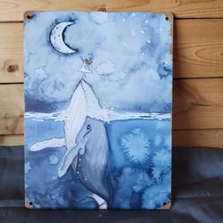 Girl with Whale wood sign 6x8