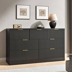 Black Dresser with 7 Drawer - 55” Wide Fluted Dresser for Bedroom with Metal Handle, Chest of Drawer, Wood TV Stand for Bedroom, Living Ro