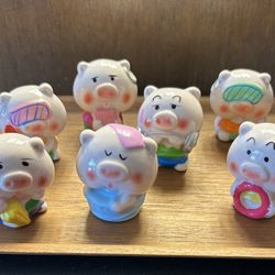 Vintage Ceramic Fun Cool Pig Figurines Set of 7