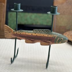 Wood Carved Fish On Double Metal Candle Holder 