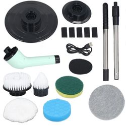Electric Handheld Brush Adjustable Extension Handle Powerful Highly Efficient Labor Saving Electric Spin Scrubber for Bathroom Kitchen 6 Heads Green