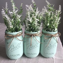 Chalk Painted & Distressed Mason Jar Vases 3 For $18