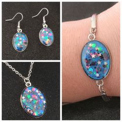 Blue purple color shift star multicolor glitter earrings necklace and bracelet jewelry set