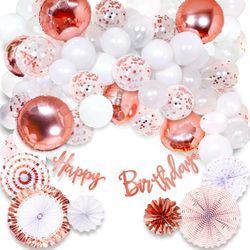Vidal Crafts 60 Pcs Rose Gold Birthday Decorations Set Paper Fans Happy Birthday Banner Balloon Arch Confetti Latex & Foil Balloons Party Supplies